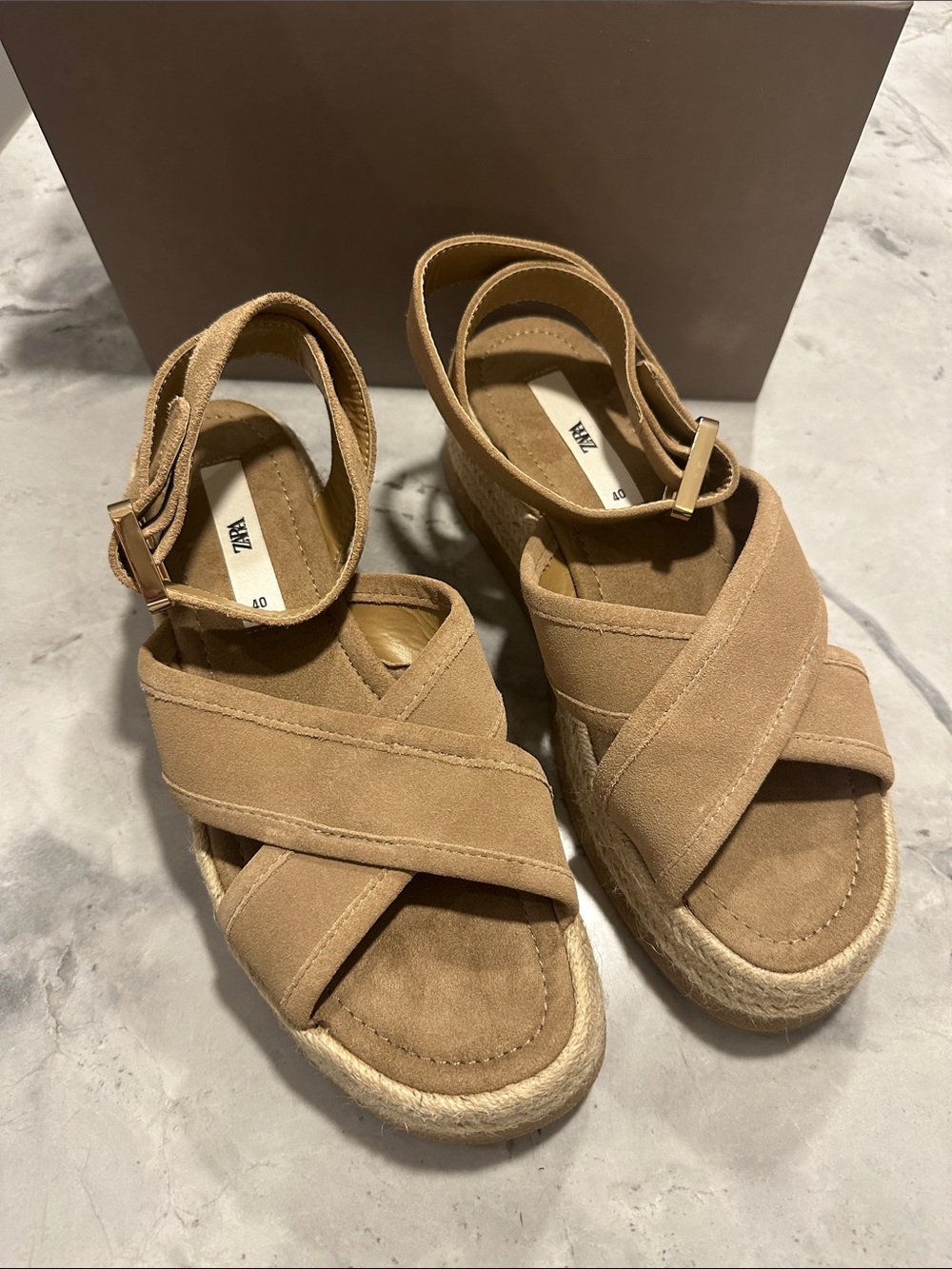 Zara Beige Suede Crisscross Espadrille Wedge Sandals